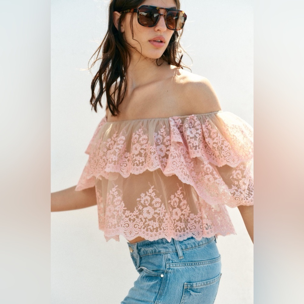Zara Embroidered Ruffle Top